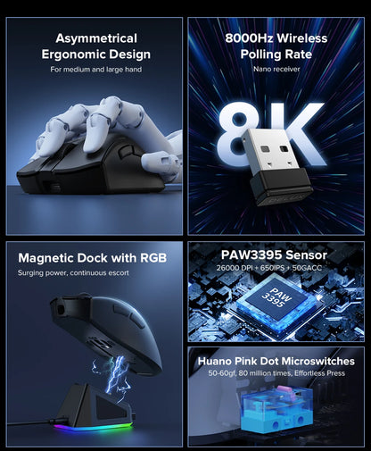 Delux M900Pro Ergonomic Wireless Gaming Mouse 8K PAW3395 Magnetic RGB Charging Dock Rechargeable Wired Mice  For Big Hand PC
