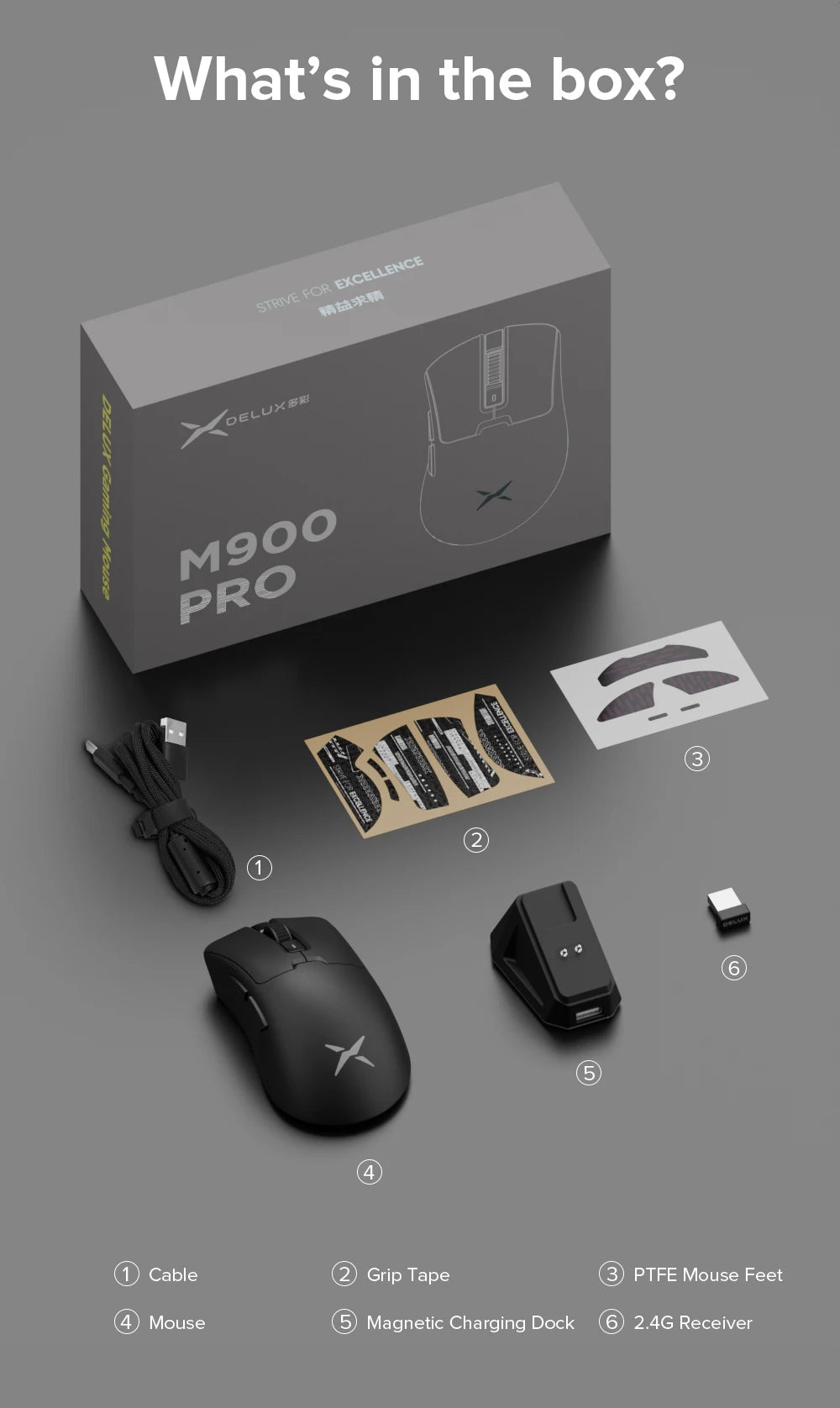Delux M900Pro Ergonomic Wireless Gaming Mouse 8K PAW3395 Magnetic RGB Charging Dock Rechargeable Wired Mice  For Big Hand PC